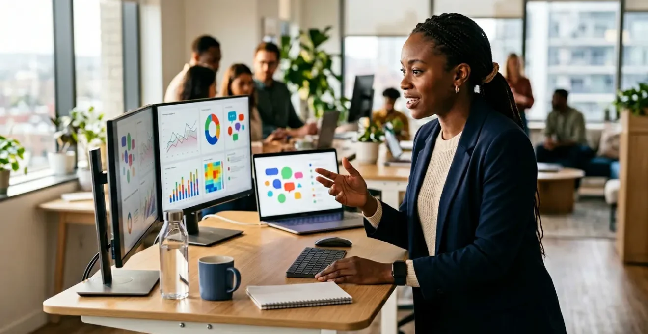 Professional community manager interacting with engaged online community members in a modern workspace