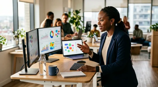 Professional community manager interacting with engaged online community members in a modern workspace