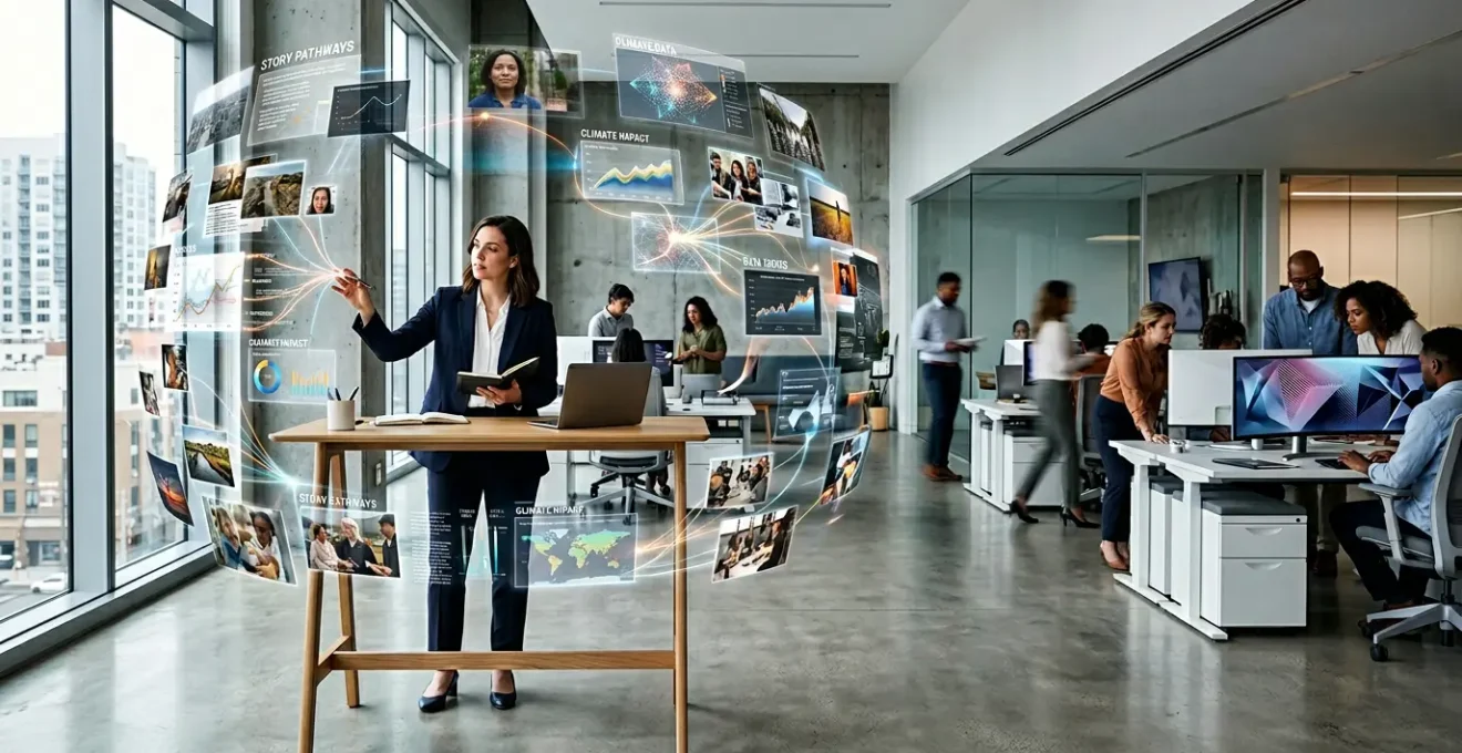 A journalist working creatively with multiple story elements in a modern newsroom