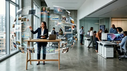 A journalist working creatively with multiple story elements in a modern newsroom