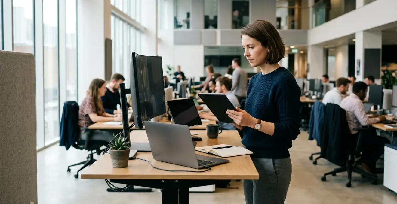 Professional reporter analyzing multimedia content on multiple platforms in modern newsroom