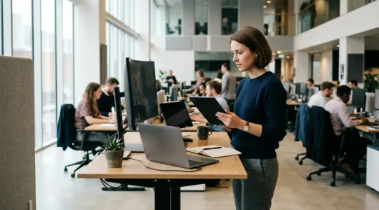 Professional reporter analyzing multimedia content on multiple platforms in modern newsroom
