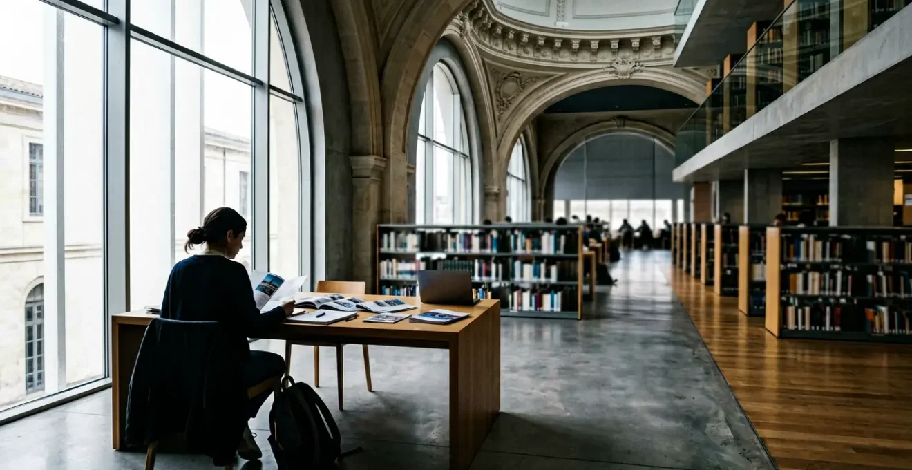 International student contemplating French journalism schools in modern library setting