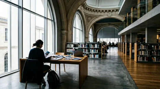 International student contemplating French journalism schools in modern library setting