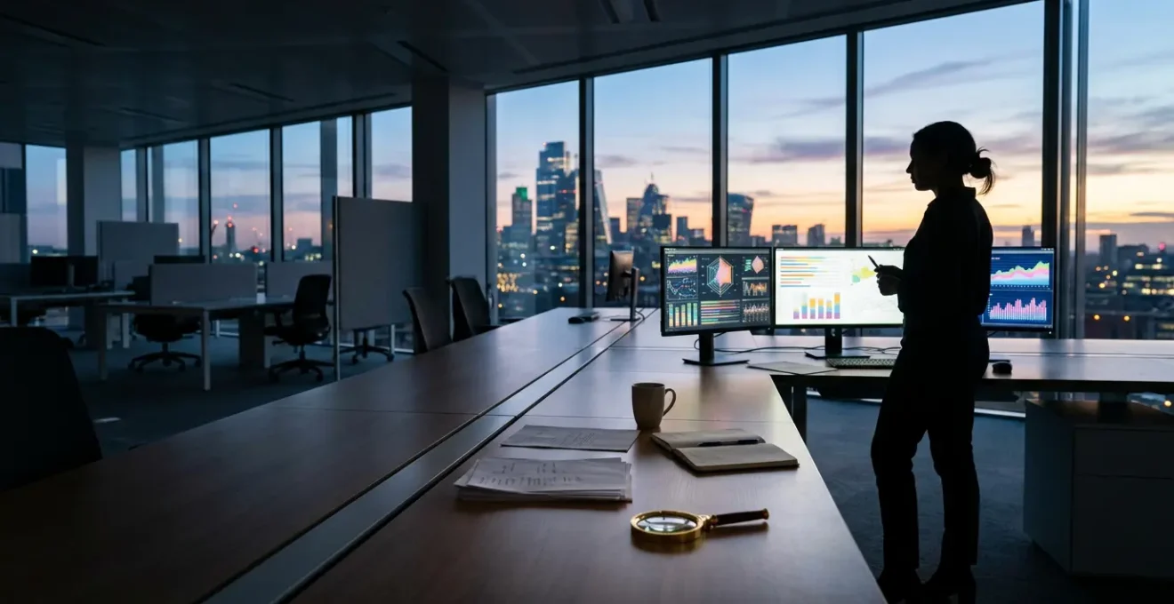 Journalist at work station examining documents and digital screens for fact verification