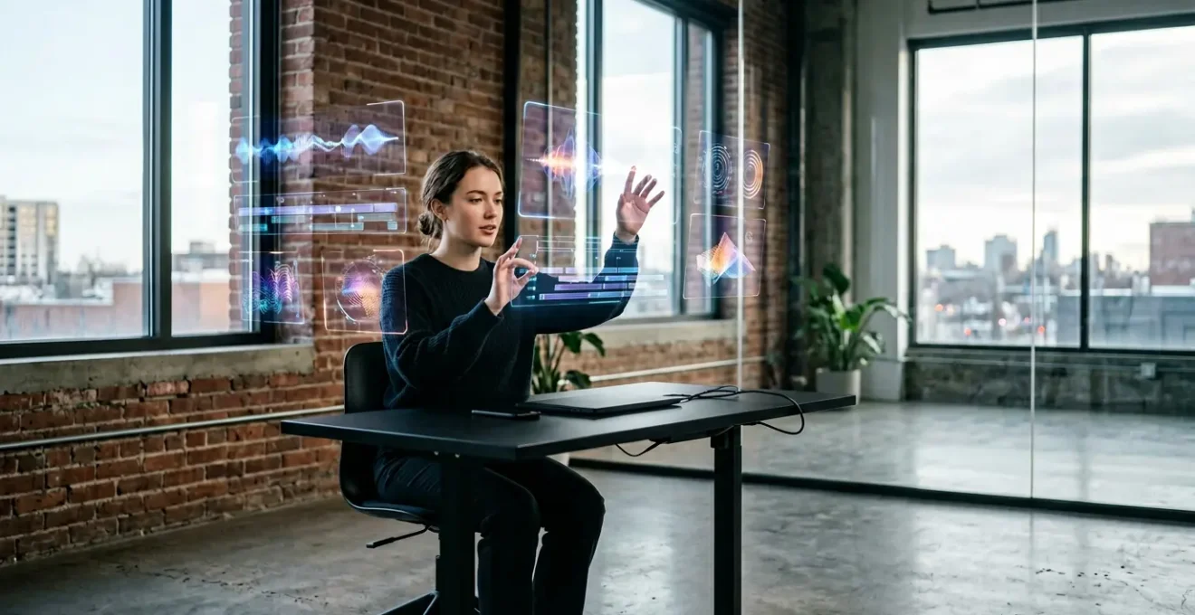 Professional multimedia journalist managing cross-platform content creation in modern production studio