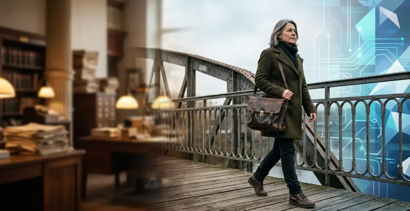 Professional journalist walking across a bridge from traditional to digital media