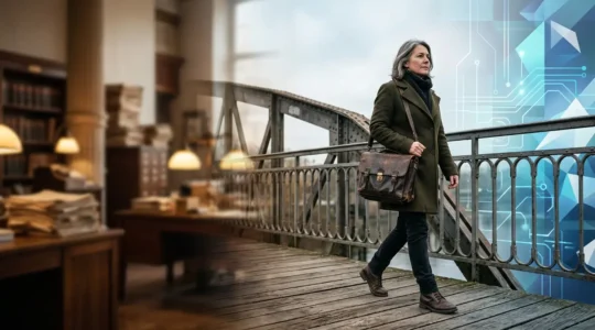 Professional journalist walking across a bridge from traditional to digital media