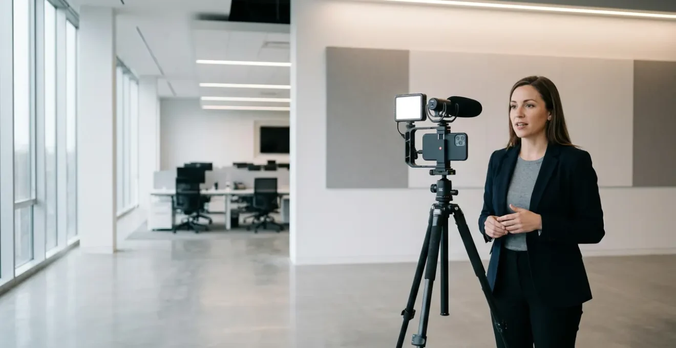 Professional mobile journalist creating broadcast-quality news content with smartphone equipment