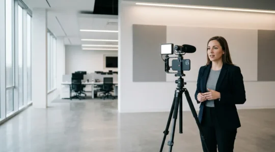 Professional mobile journalist creating broadcast-quality news content with smartphone equipment