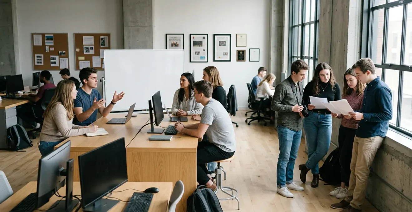 Student journalists collaborating in a dynamic campus newsroom environment while building their portfolios