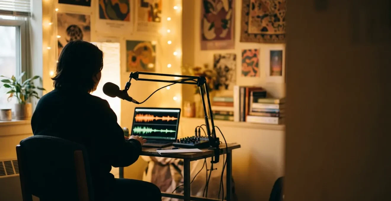 Student broadcasting from a cozy dorm room with professional microphone and laptop setup