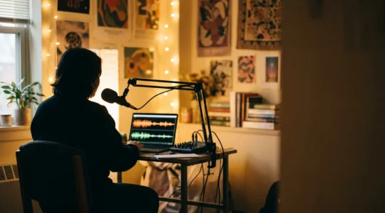 Student broadcasting from a cozy dorm room with professional microphone and laptop setup