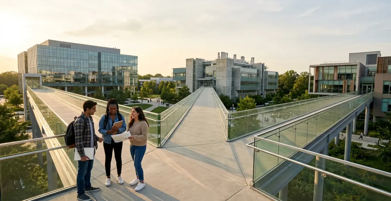 University students standing at symbolic crossroads with multiple professional pathways branching ahead