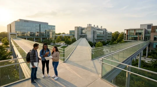 University students standing at symbolic crossroads with multiple professional pathways branching ahead