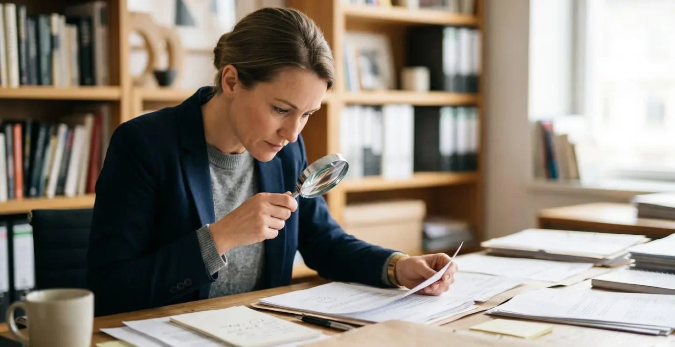 Professional analyzing accreditation documents with magnifying glass in minimalist office environment