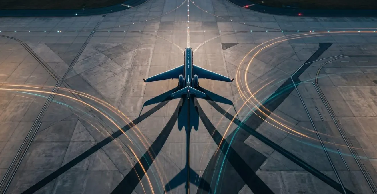 Aerial view of aircraft with tracking data visualization patterns