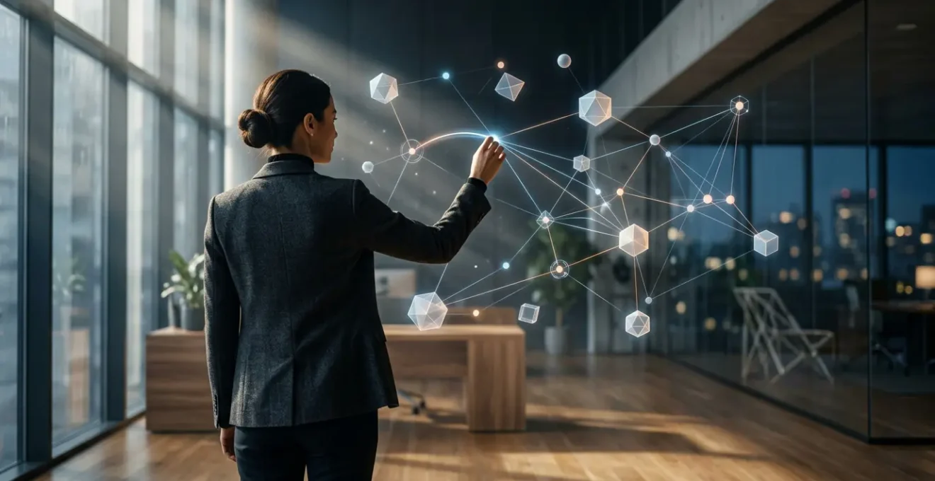 Professional analyst examining interconnected data patterns on transparent glass board in modern office