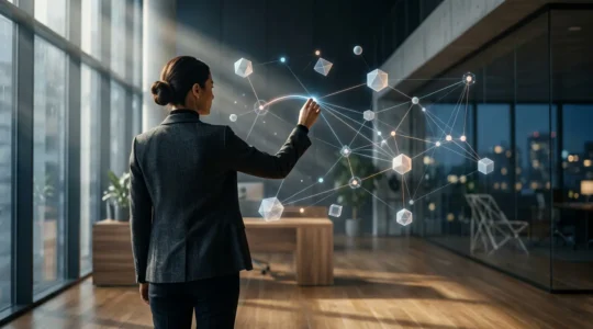 Professional analyst examining interconnected data patterns on transparent glass board in modern office