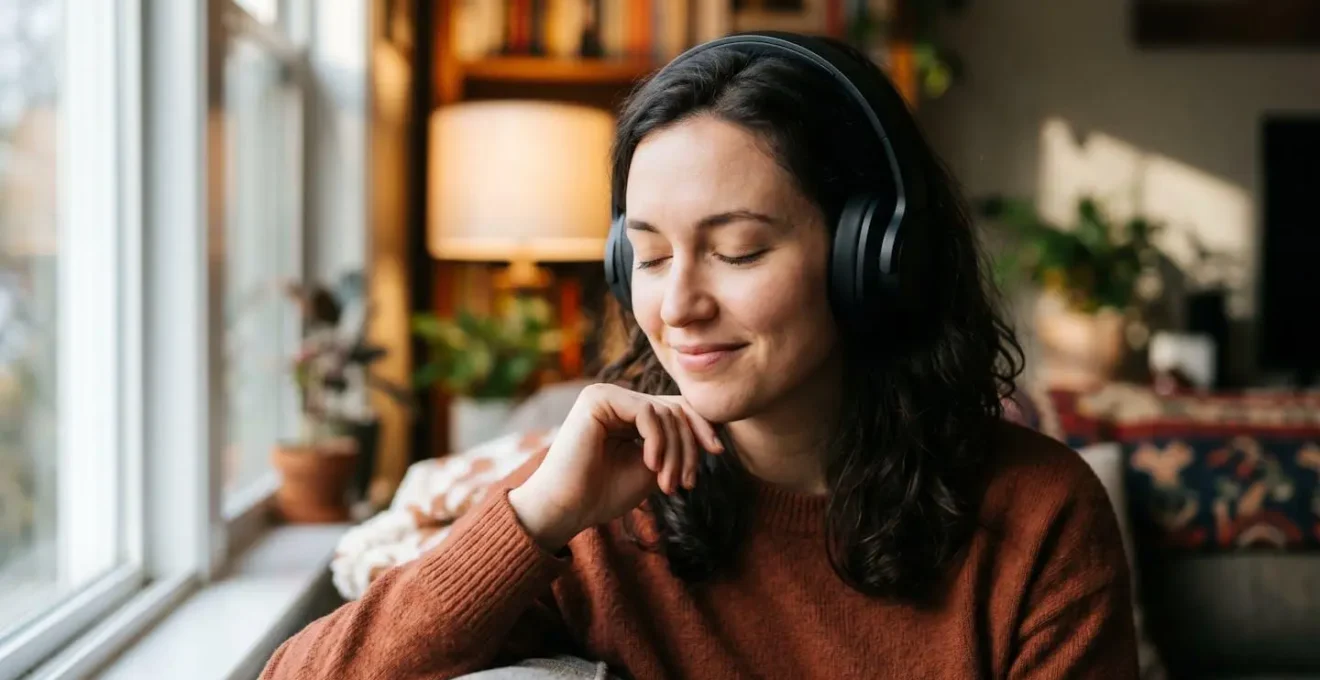 Person listening to audio content with eyes closed in serene environment