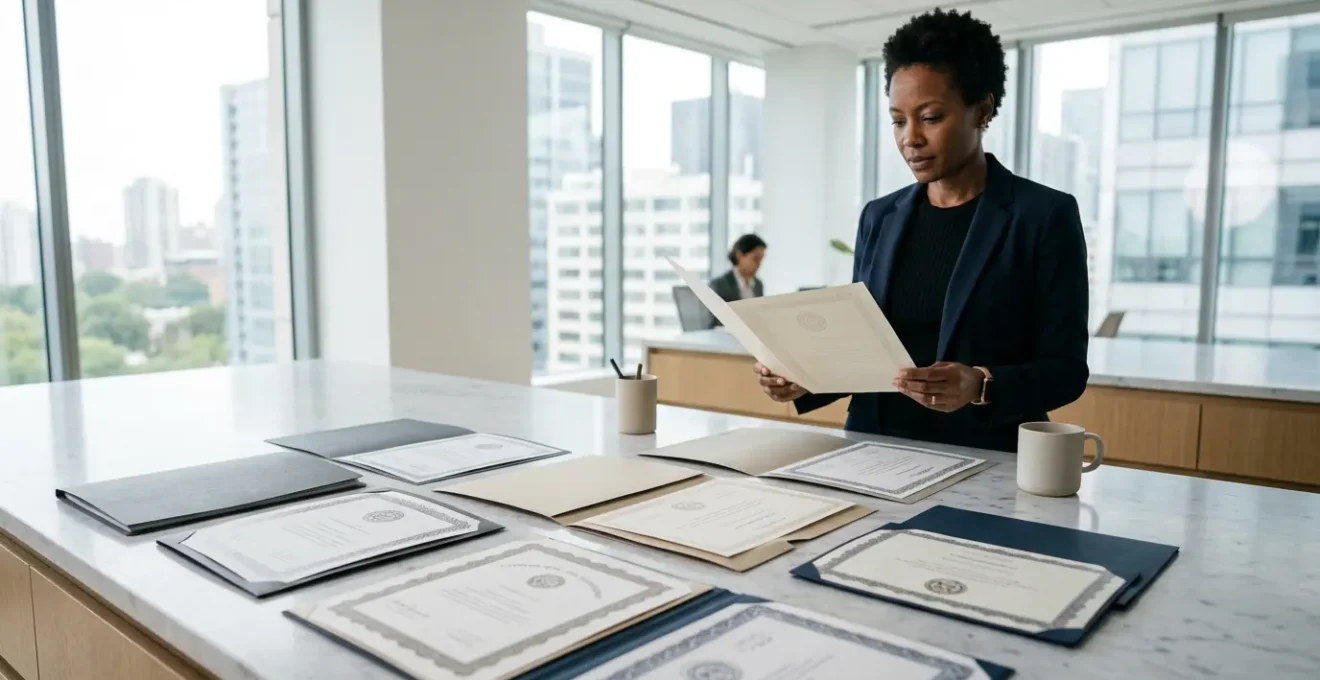 Professional reviewing certification documents in modern office setting with focus on official academic credentials