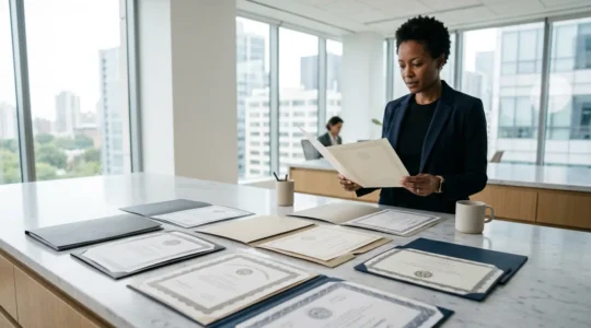 Professional reviewing certification documents in modern office setting with focus on official academic credentials