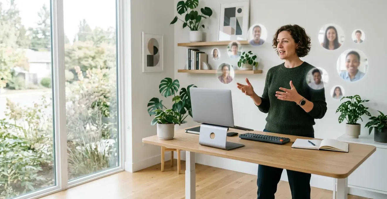 Educator managing multiple interactive virtual classroom screens with engaged students in a modern home office setting
