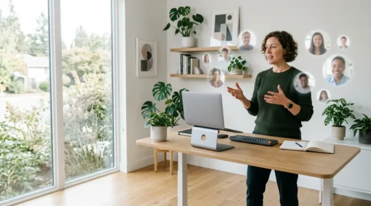 Educator managing multiple interactive virtual classroom screens with engaged students in a modern home office setting