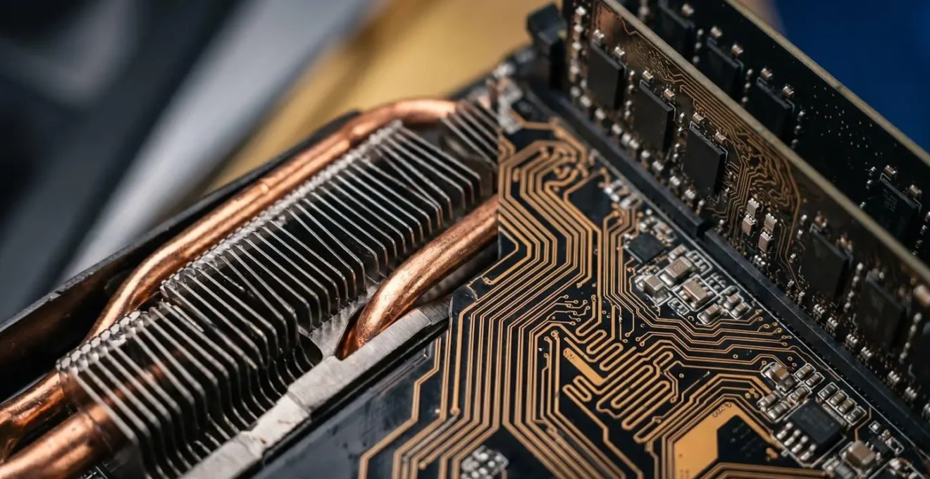 Extreme close-up of computer components showing a RAM module and graphics card details