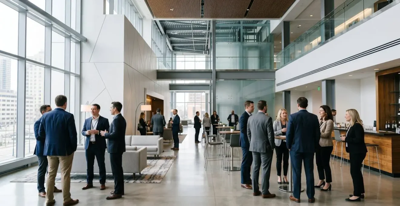 Wide view of professional conference networking space
