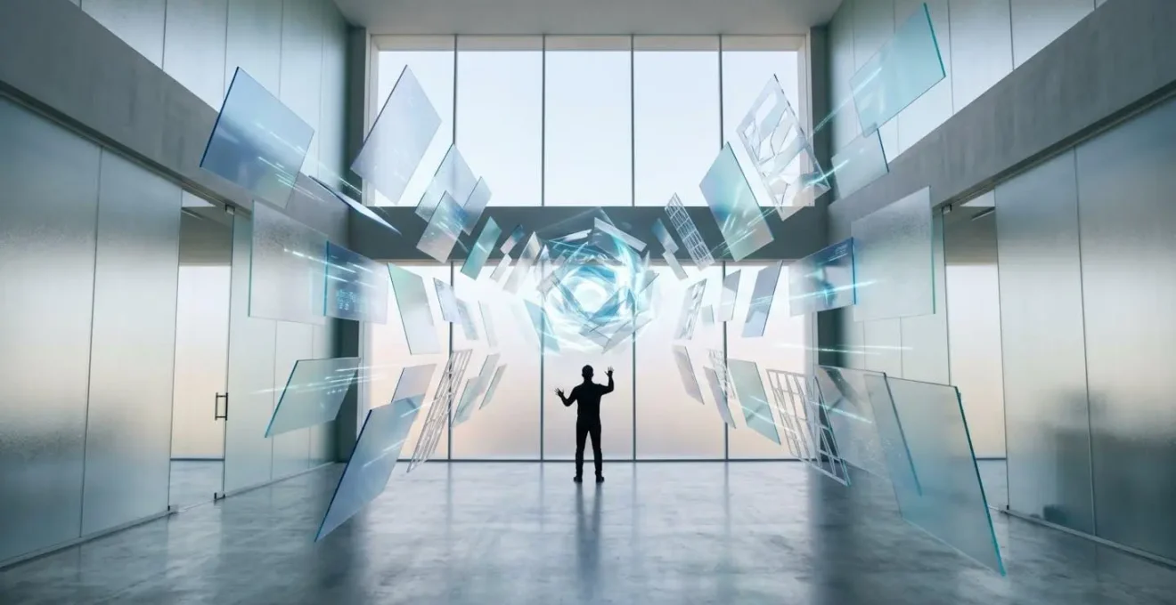 Professional analyst organizing multiple floating information panels in three-dimensional space