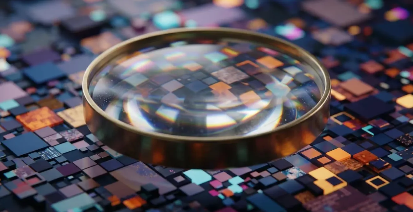 Close-up of magnifying glass over pixelated image fragments