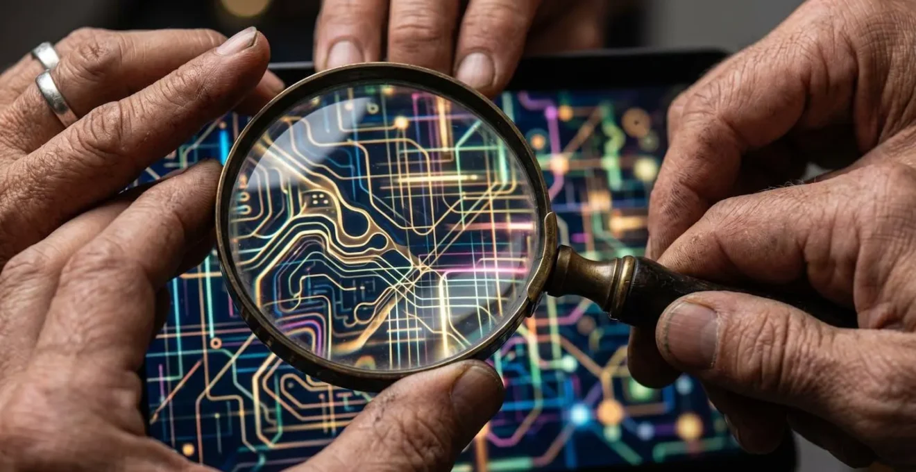 Extreme close-up of hands using a magnifying glass to inspect abstract digital patterns on a screen