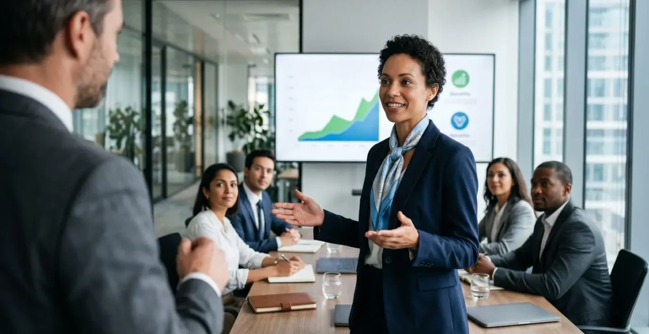 Professional presenting training benefits chart to executives in modern meeting room