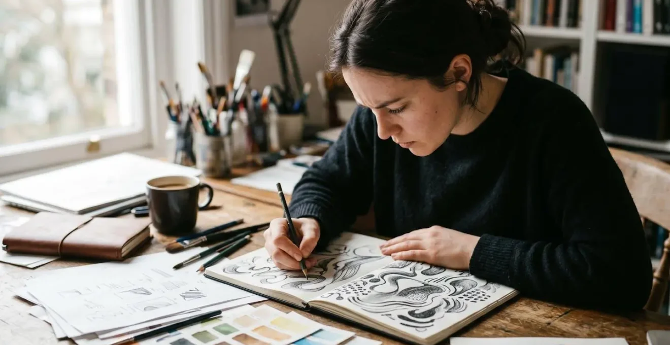 Person working intensely on creative project with course materials nearby
