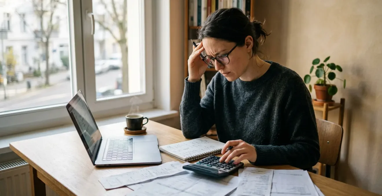 Professional journalist working at minimalist desk with laptop and financial documents, natural window light