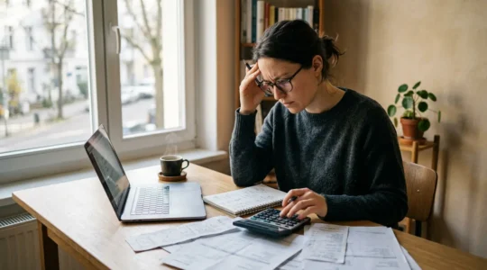 Professional journalist working at minimalist desk with laptop and financial documents, natural window light