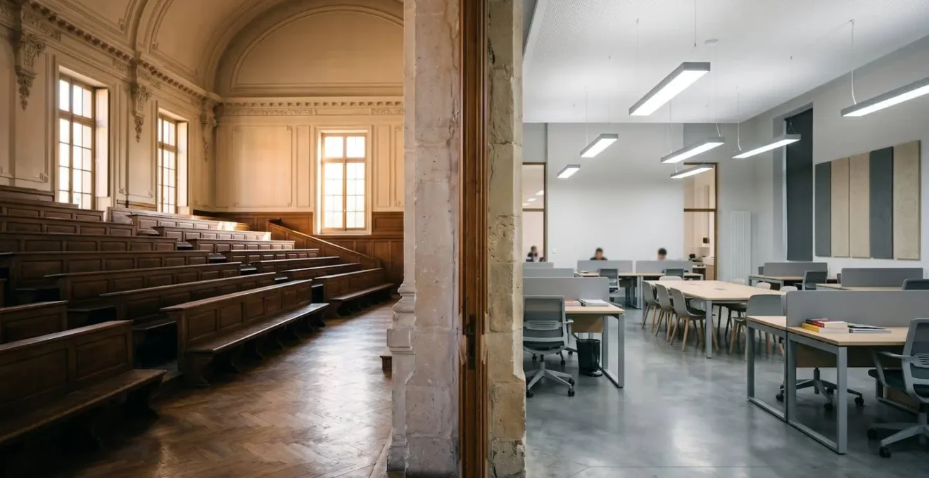 Split view of a traditional public university lecture hall and a modern private school newsroom, symbolizing the choice between the two systems.