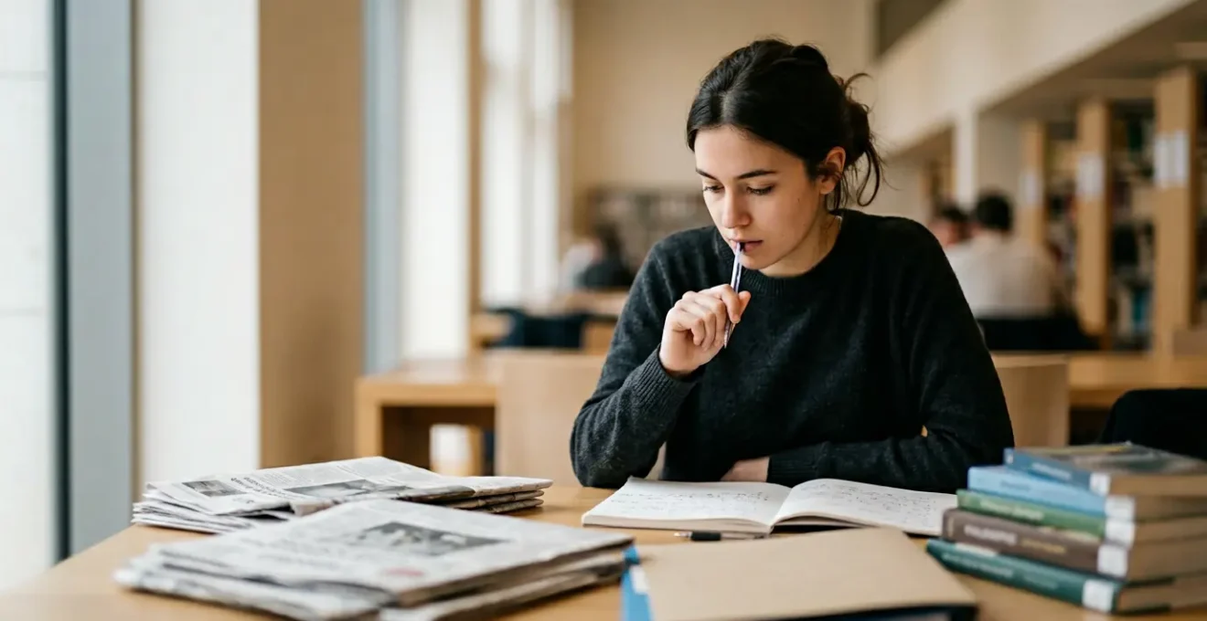 Student preparing for French journalism school entrance exam with study materials