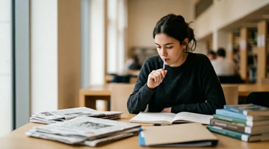 Student preparing for French journalism school entrance exam with study materials