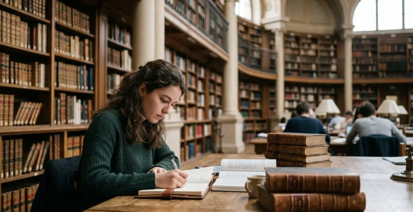 Students studying independently in a grand French university library