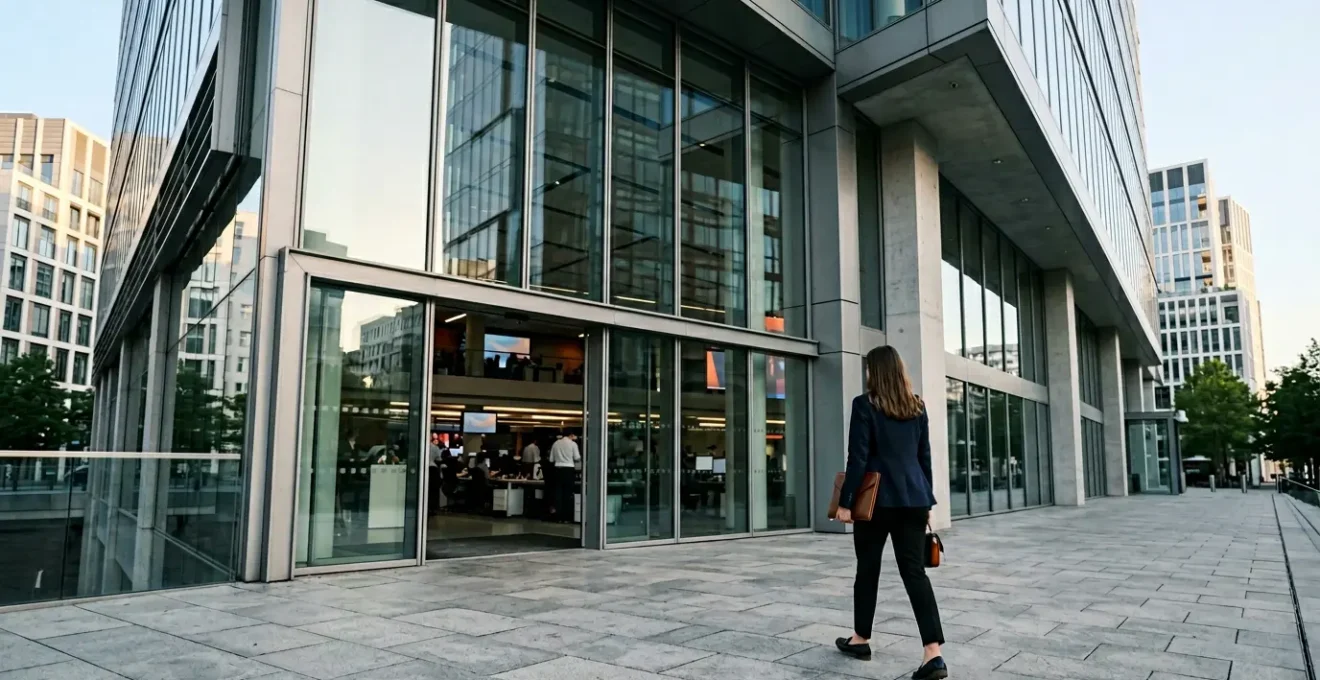 Graduate entering modern media company building with glass facade