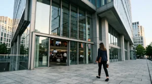 Graduate entering modern media company building with glass facade