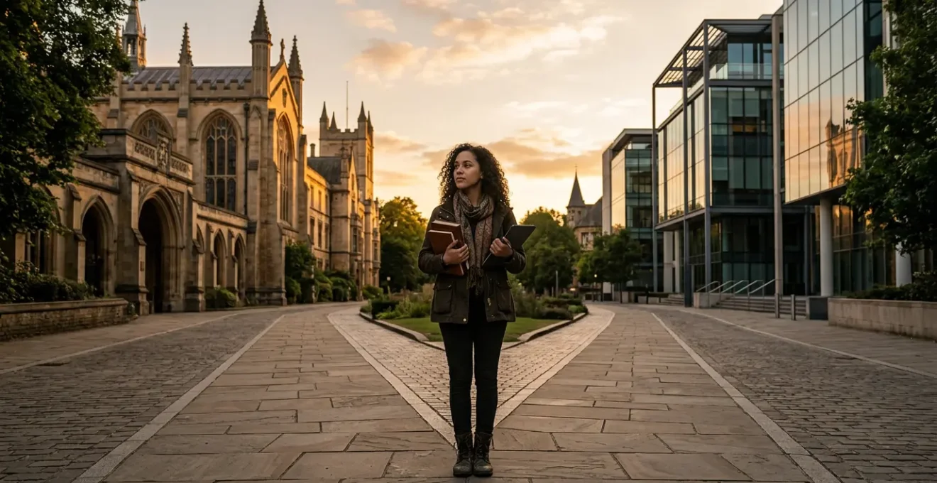 A graduate at a crossroads between two paths representing career choices in media