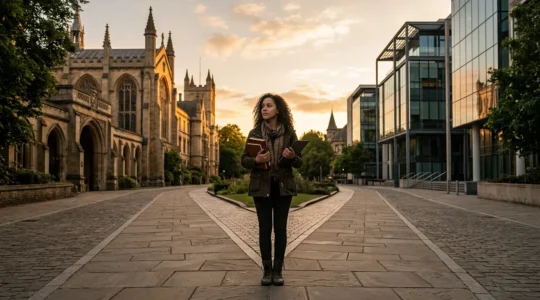 A graduate at a crossroads between two paths representing career choices in media