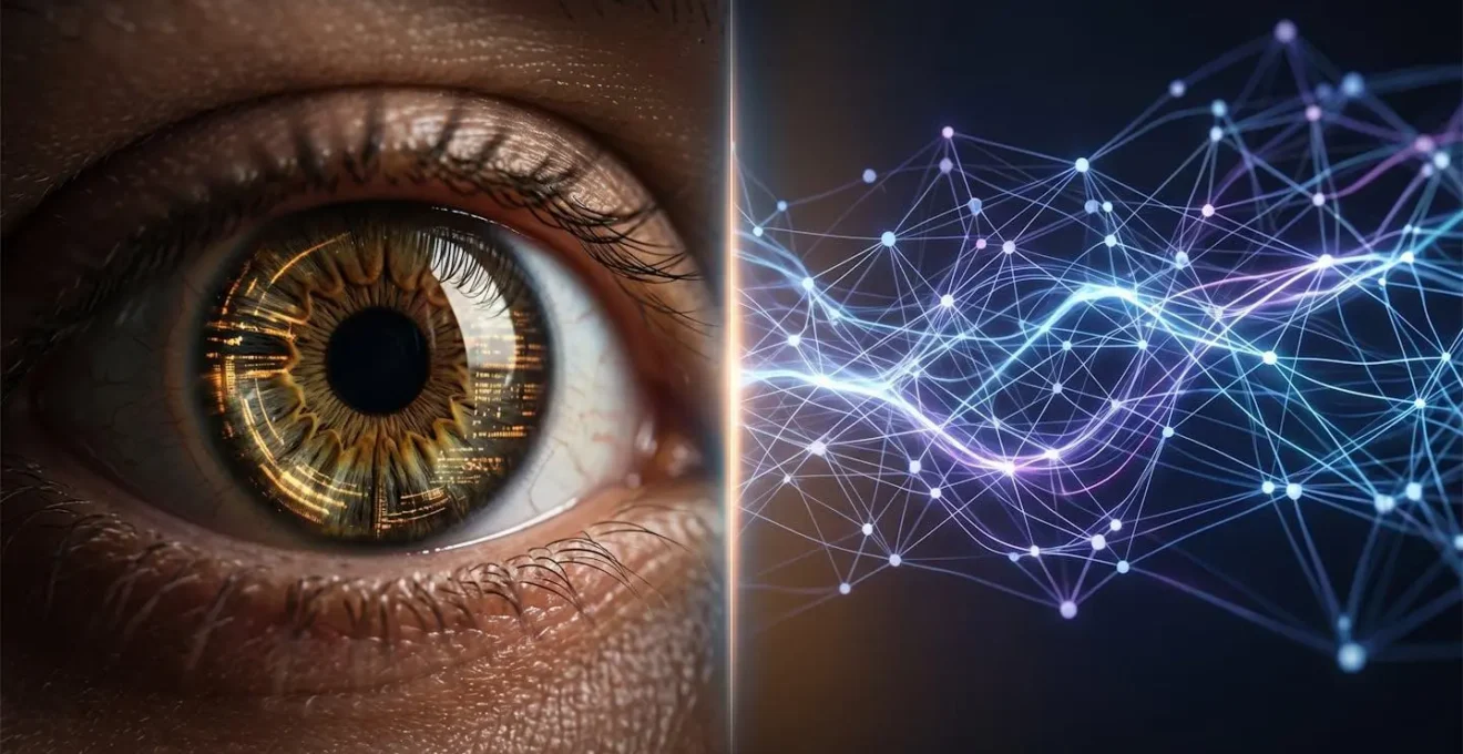Split composition showing human eye analysis alongside AI detection patterns