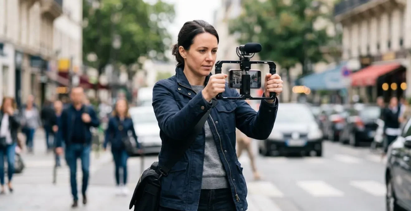 Journalist demonstrating the human tripod stabilization technique while filming with a smartphone