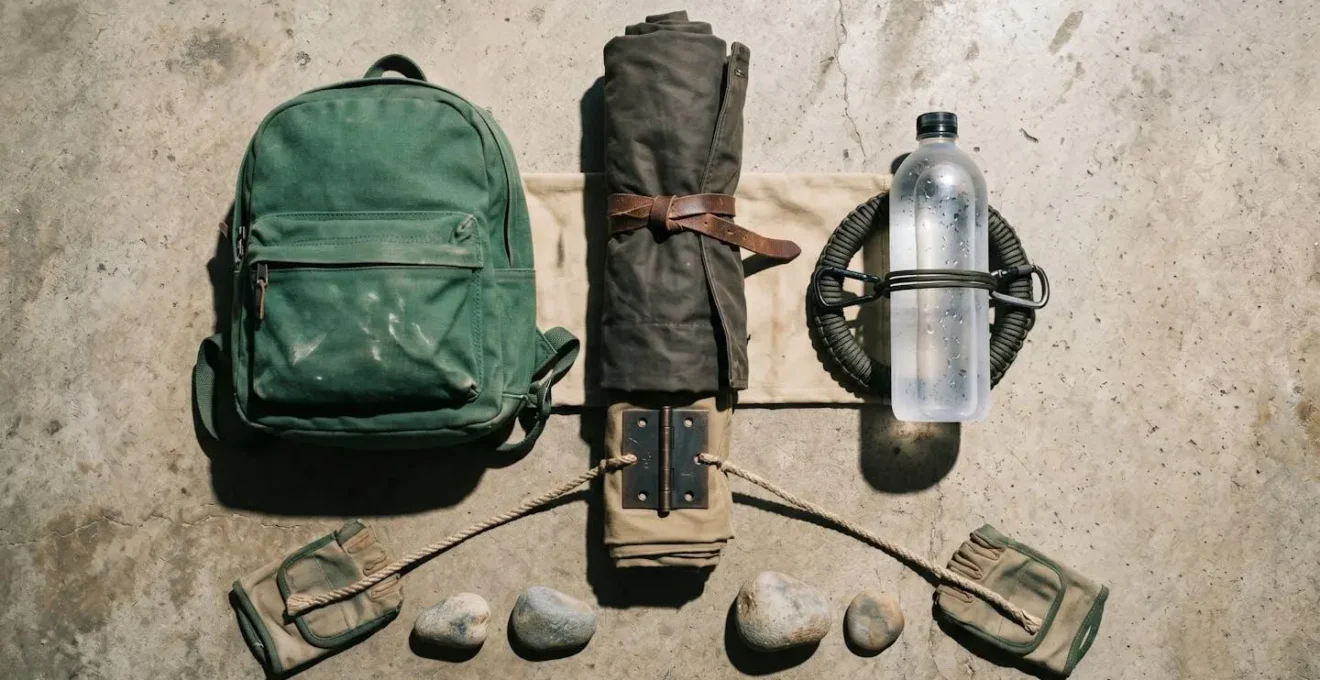 Field journalist using improvised stabilization techniques with everyday objects in outdoor reporting environment