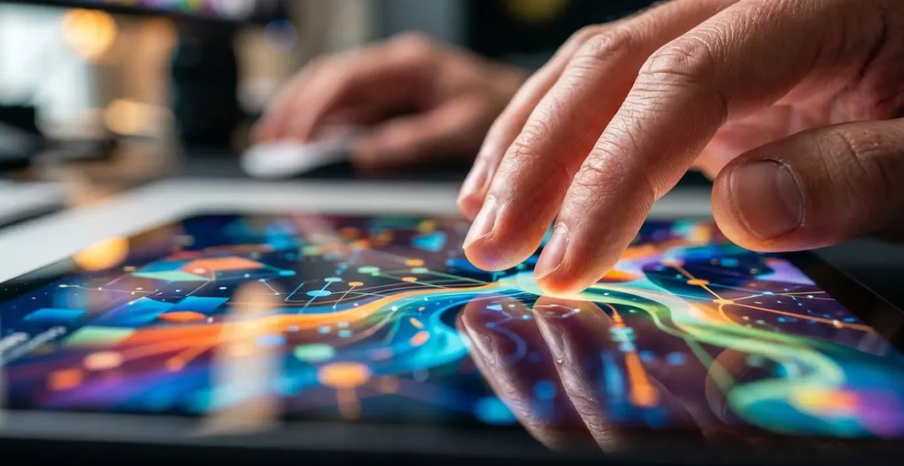 Close-up macro photograph of hands interacting with data visualization on tablet