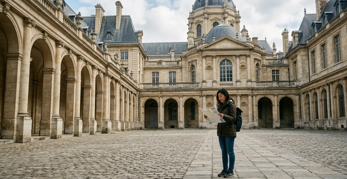 International student with map exploring a grand French university courtyard